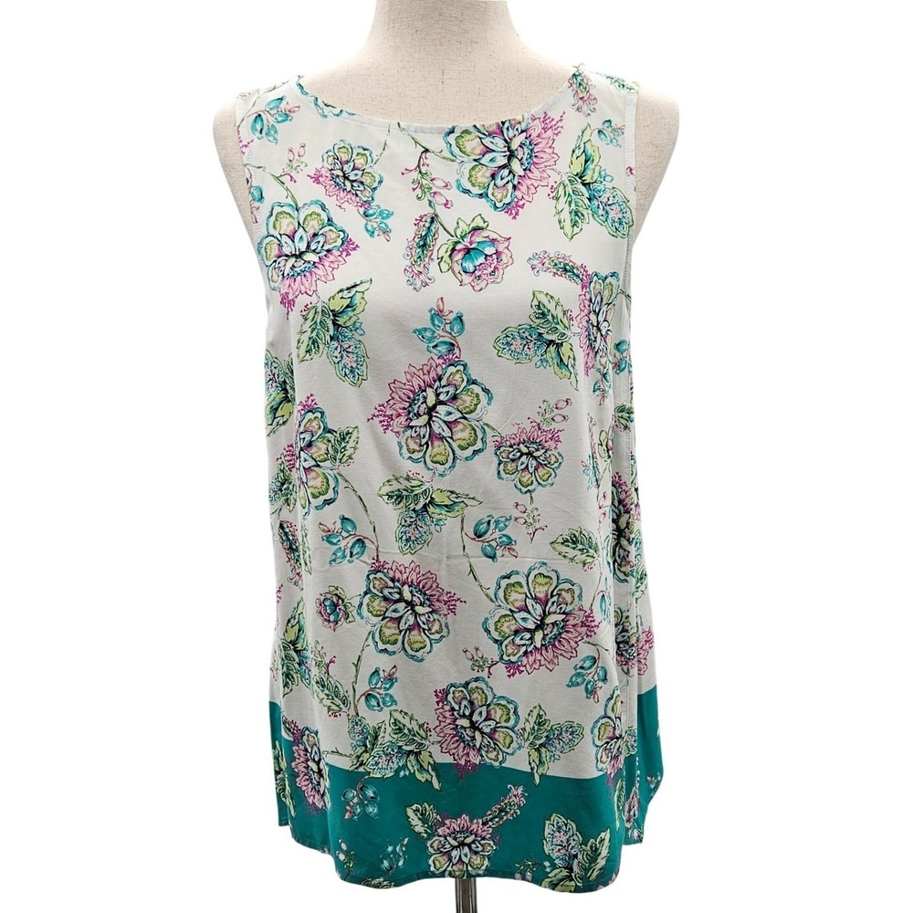J.Jill Womens Small Floral Sleeveless Rayon‎ Blouse Teal Pink Border Print Top